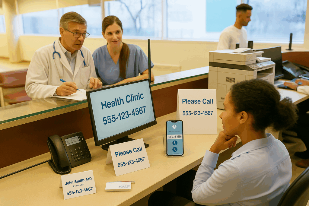 Medical office staff working at the front desk, with a male nurse checking his phone, a female doctor on a phone call, and other healthcare professionals in the background.