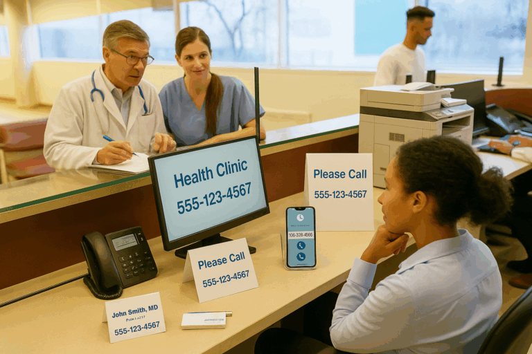 Medical office staff working at the front desk, with a male nurse checking his phone, a female doctor on a phone call, and other healthcare professionals in the background.