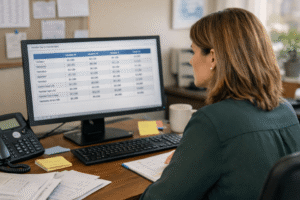 Medical practice manager reviewing transparent pricing on a computer in a private practice office.