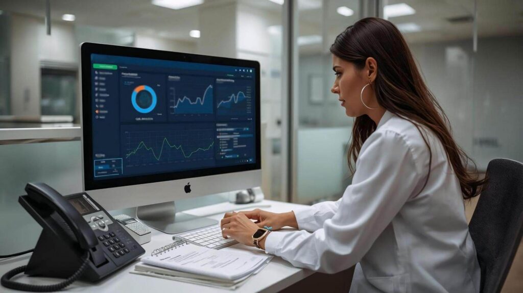 Practice administrator reviewing call metrics on a desktop dashboard at a medical office front desk.