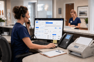 Healthcare practice manager reviewing phone system options for a medical office.