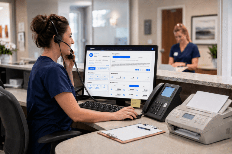 Healthcare practice manager reviewing phone system options for a medical office.