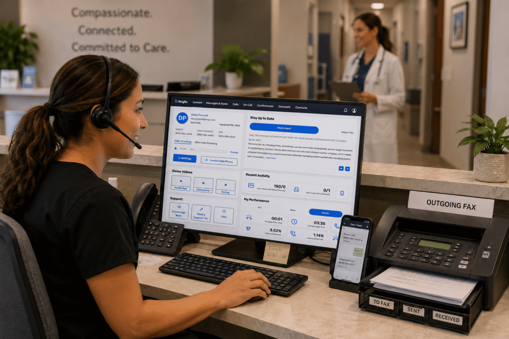 Front desk staff member at a medical practice managing calls, texts, voicemail, fax, and routing through a healthcare communication system.