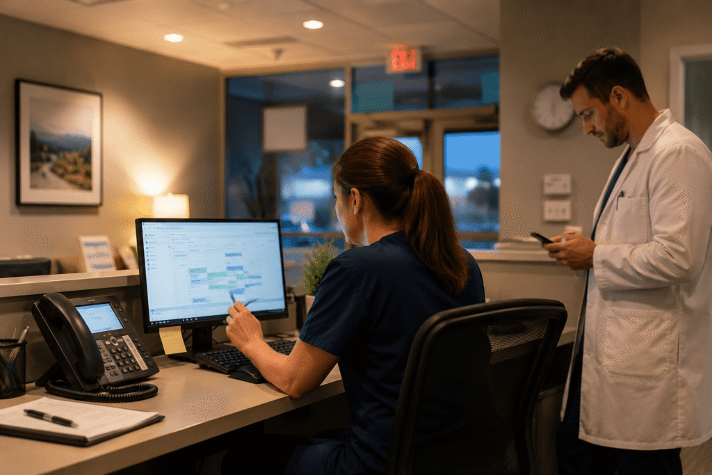 Front desk staff member at a medical practice managing calls, texts, voicemail, fax, and routing through a healthcare communication system.