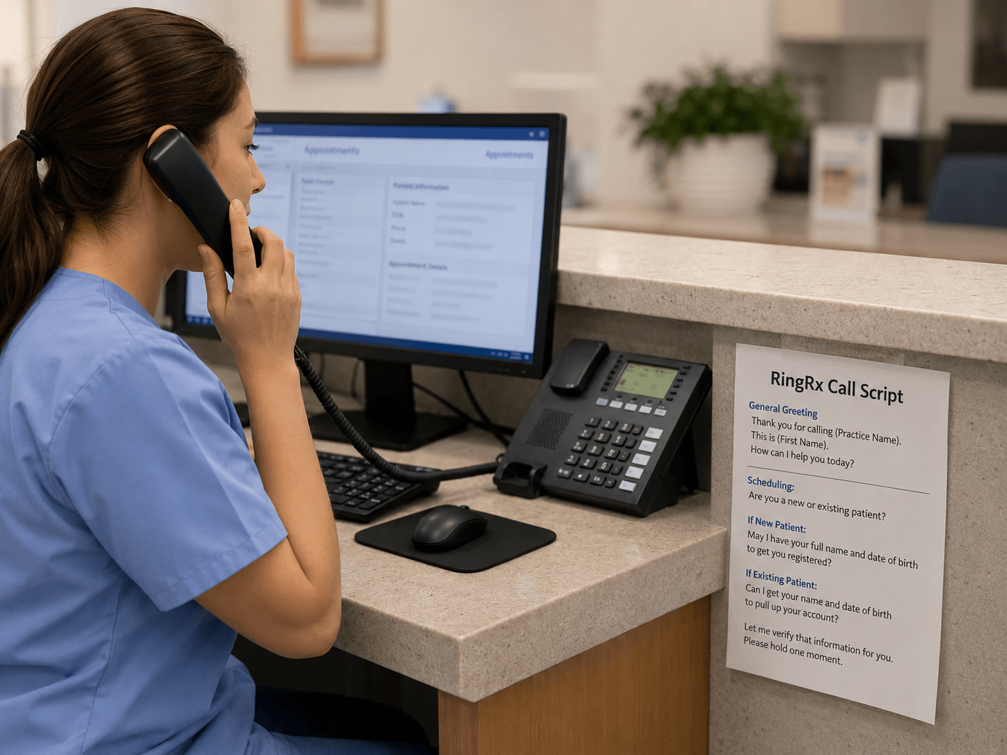 Medical front-desk staff member in blue scrubs speaks on a corded phone at a reception desk, with a computer monitor and a printed RingRx call script posted on the counter beside the phone.